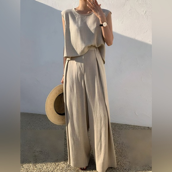 Commense Tan Linen Blends Casual Pants Set Women’s Size Large NEW Resortwear - Picture 3 of 14